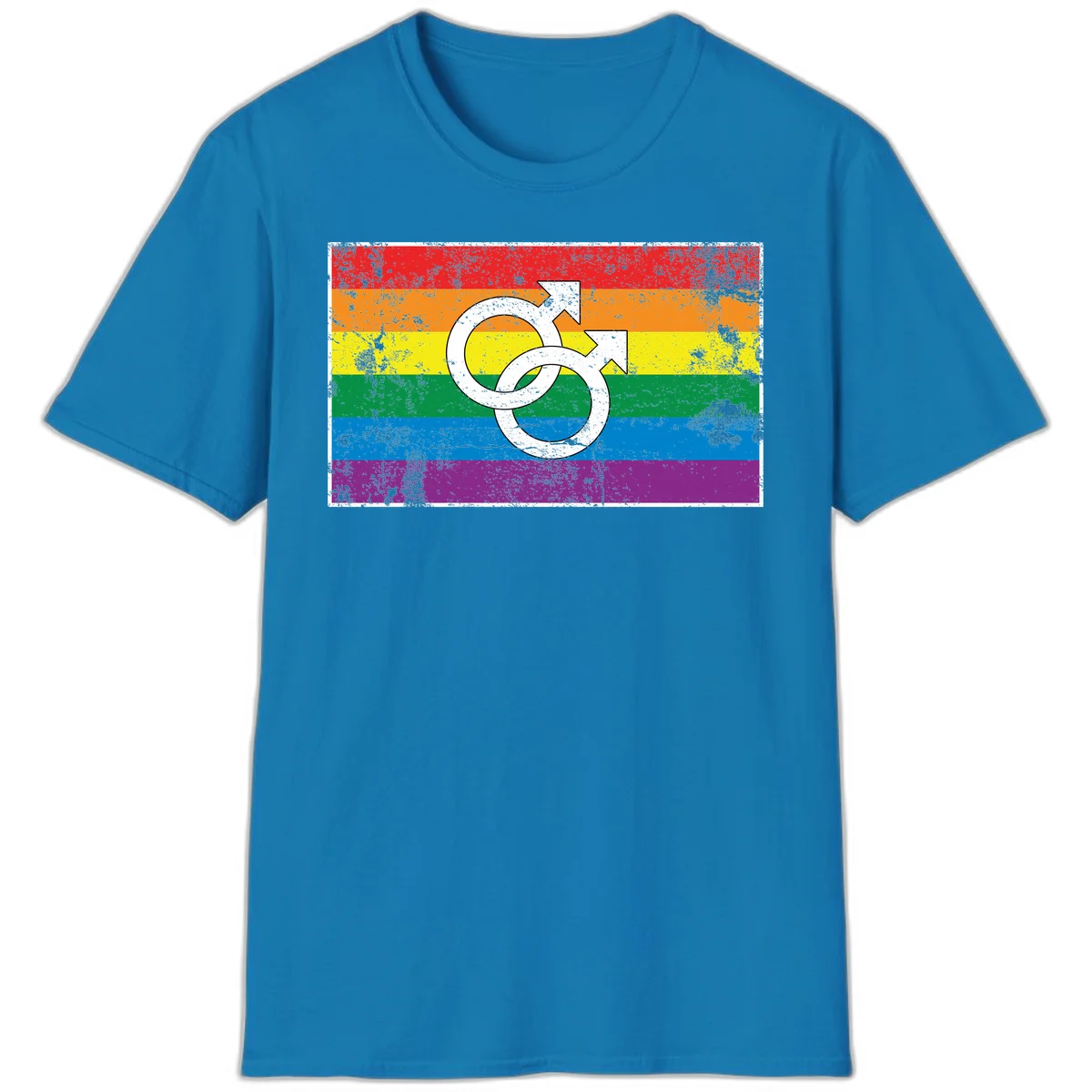 Two interlocking white male symbols overlaid on a distressed rainbow pride flag with horizontal stripes in Sapphire
