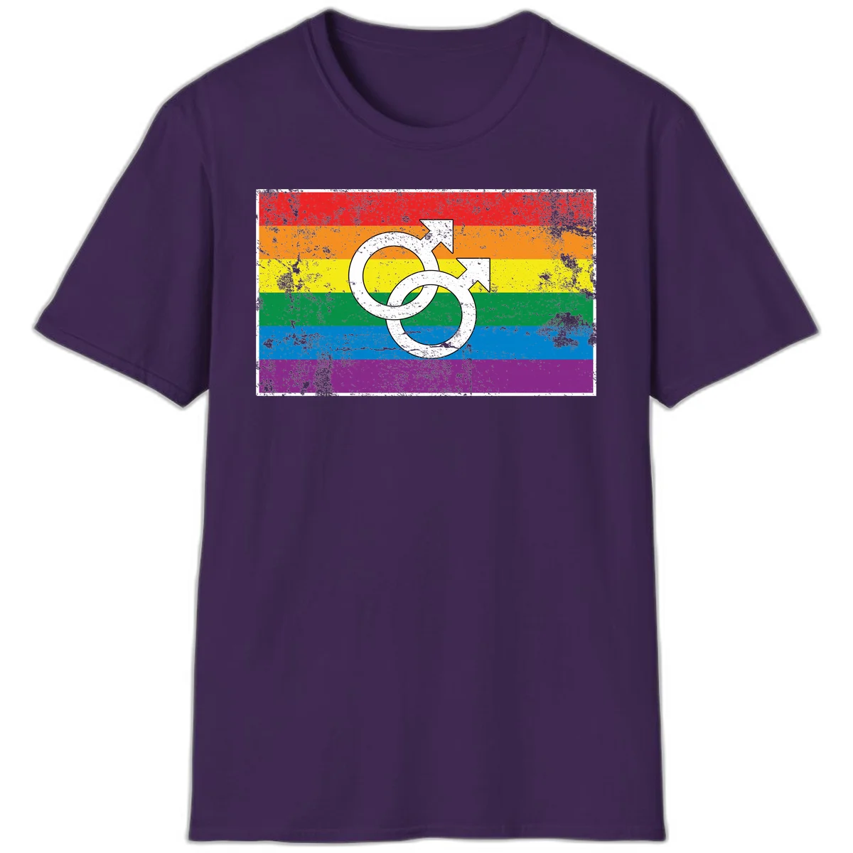 Two interlocking white male symbols overlaid on a distressed rainbow pride flag with horizontal stripes in Purple