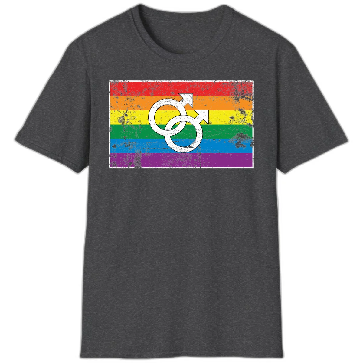 Two interlocking white male symbols overlaid on a distressed rainbow pride flag with horizontal stripes in Dark Heather