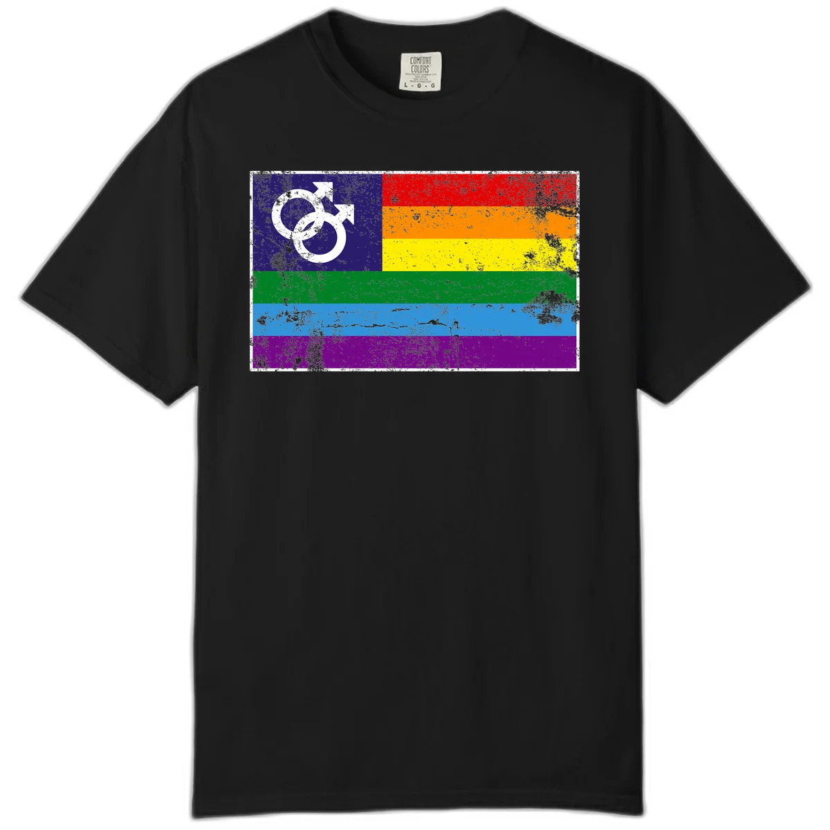 Distressed rainbow pride flag with interlocking male and female gender symbol in white on dark blue section in Black