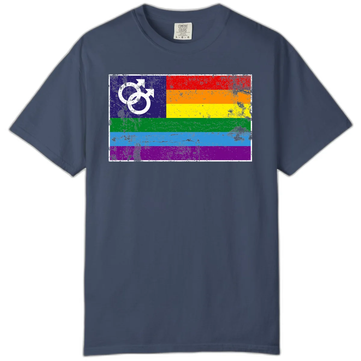 Distressed rainbow pride flag with interlocking male and female gender symbol in white on dark blue section in Midnight