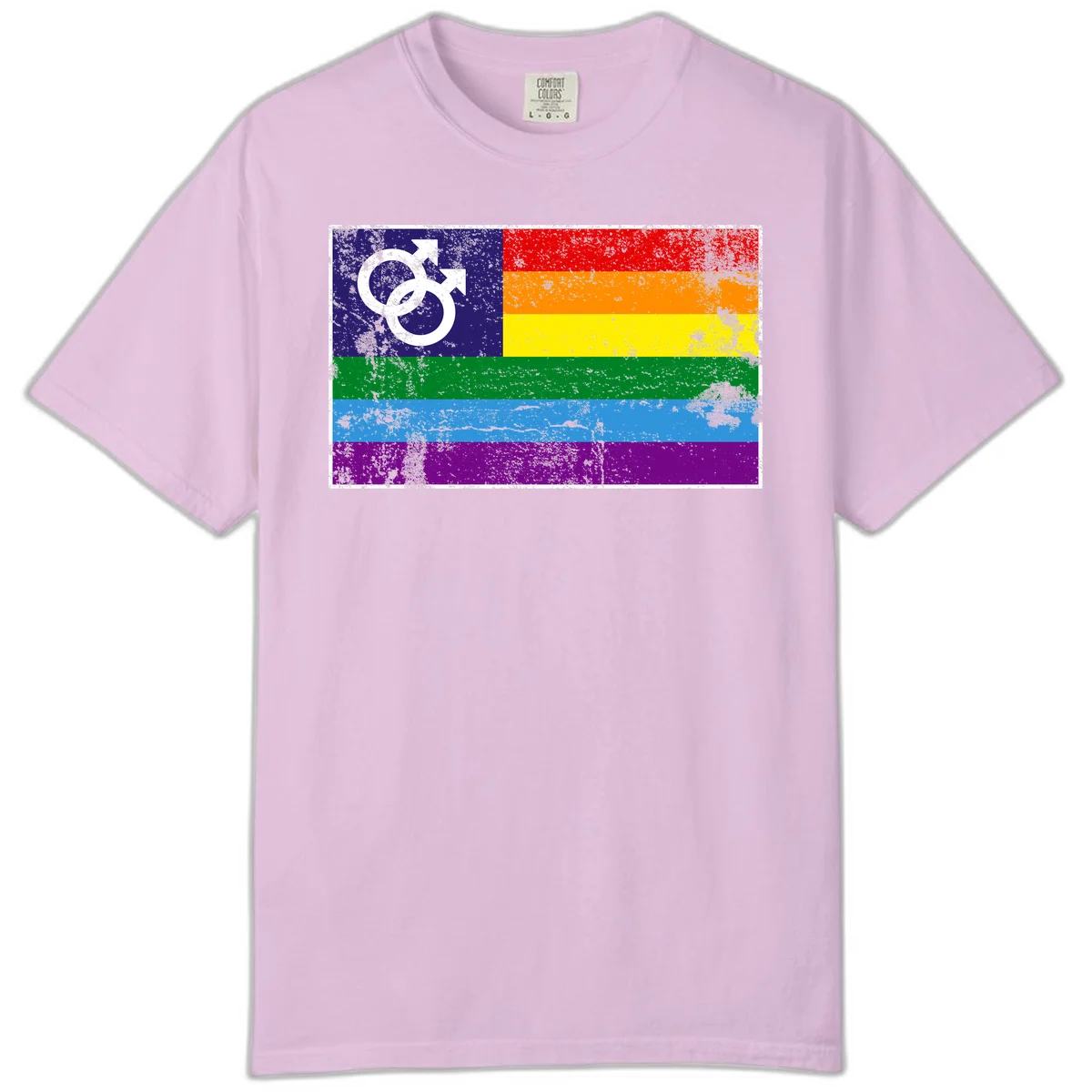 Distressed rainbow pride flag with interlocking male and female gender symbol in white on dark blue section in Orchid