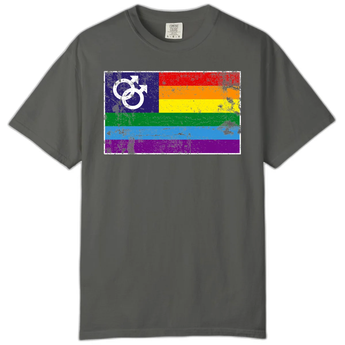 Distressed rainbow pride flag with interlocking male and female gender symbol in white on dark blue section in Pepper