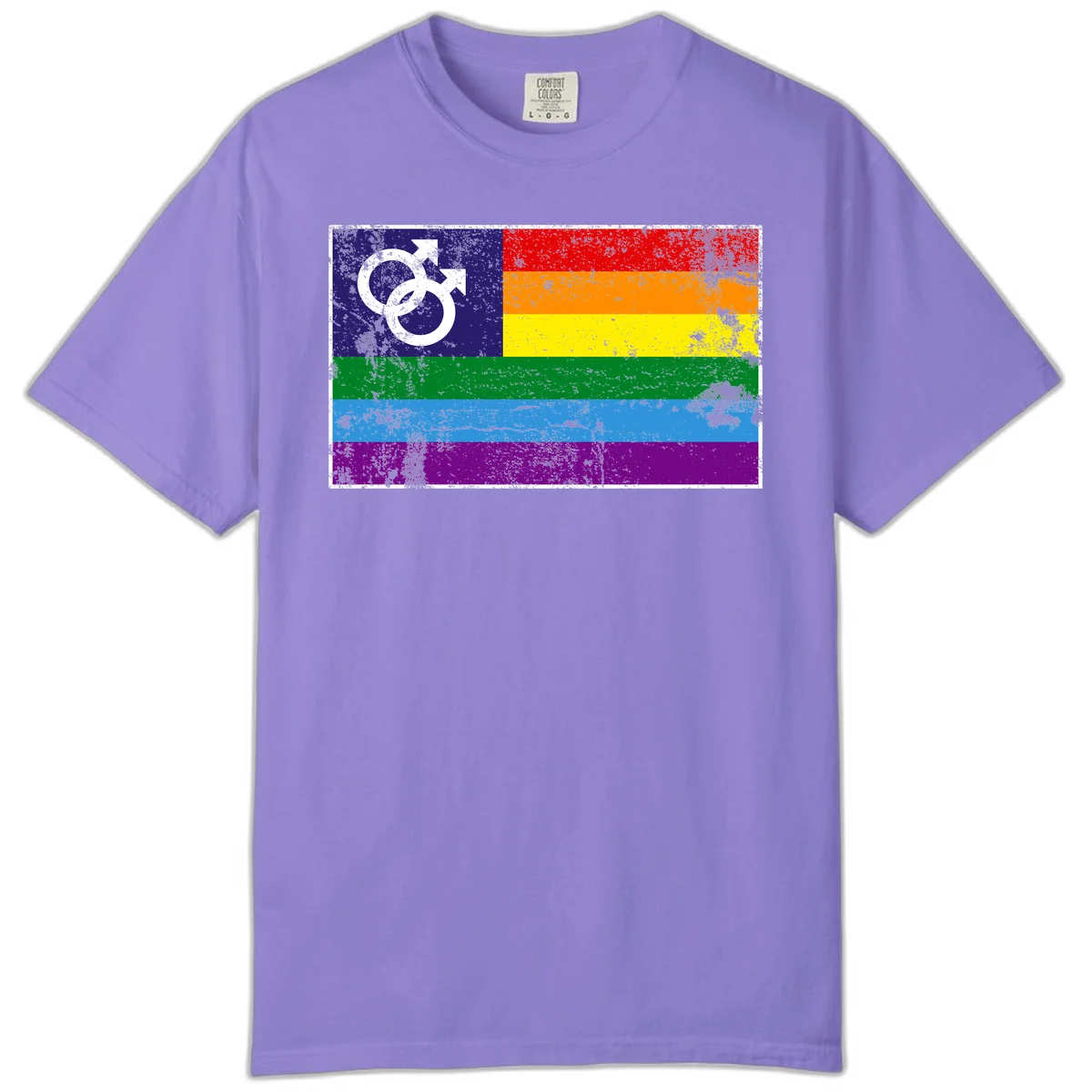 Distressed rainbow pride flag with interlocking male and female gender symbol in white on dark blue section in Violet
