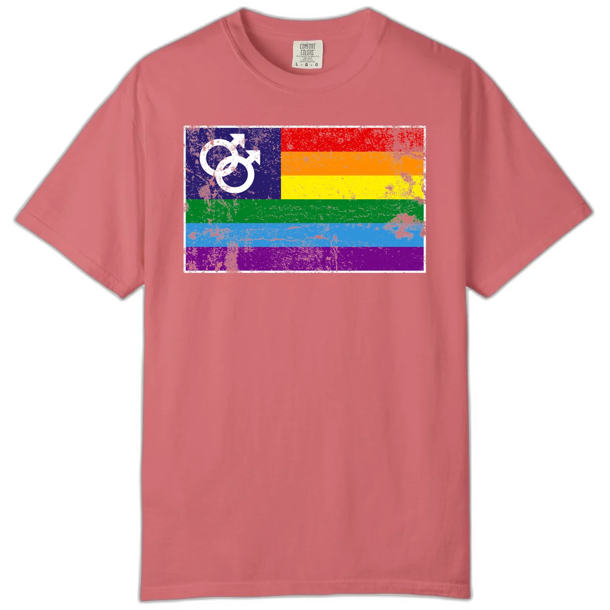 Distressed rainbow pride flag with interlocking male and female gender symbol in white on dark blue section in Watermelon