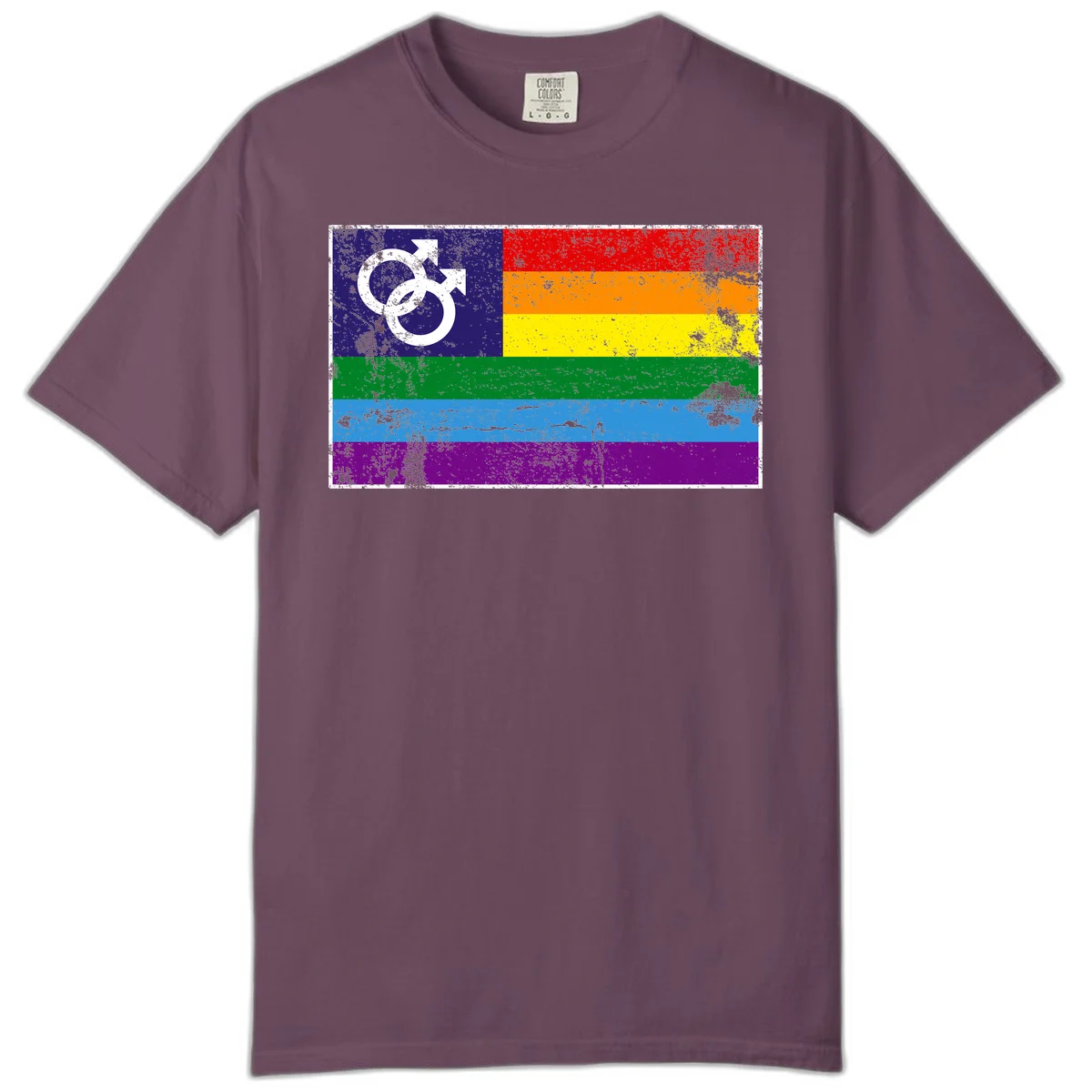 Distressed rainbow pride flag with interlocking male and female gender symbol in white on dark blue section in Berry