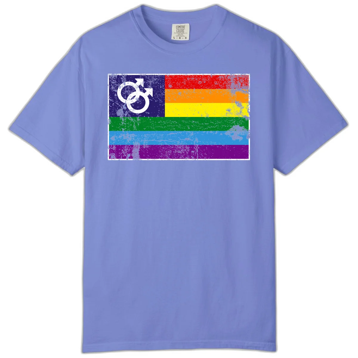 Distressed rainbow pride flag with interlocking male and female gender symbol in white on dark blue section in Flo Blue