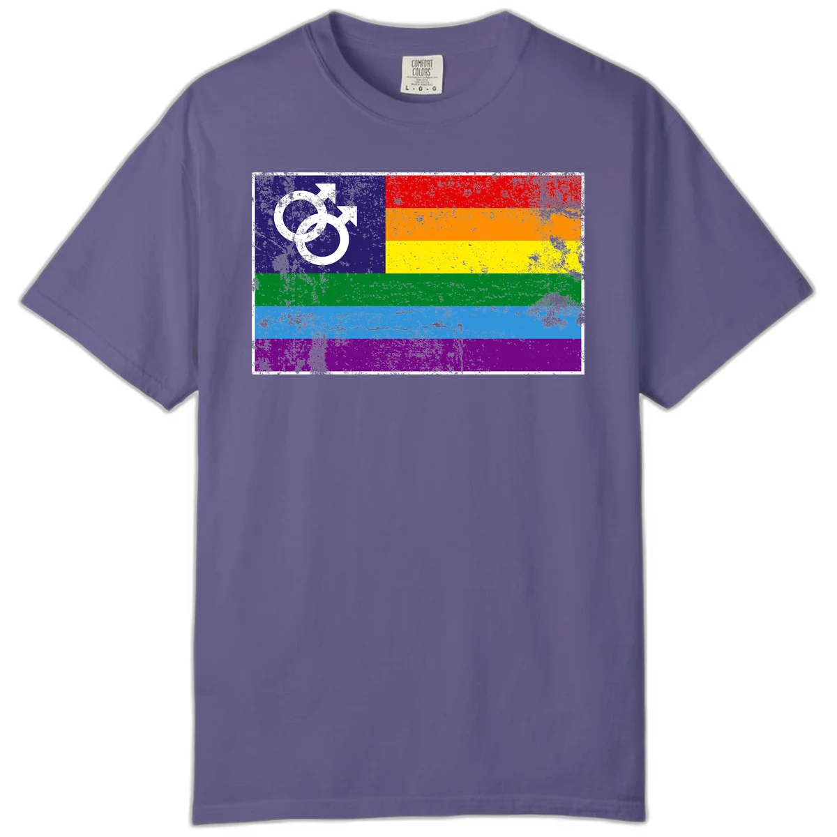 Distressed rainbow pride flag with interlocking male and female gender symbol in white on dark blue section in Grape