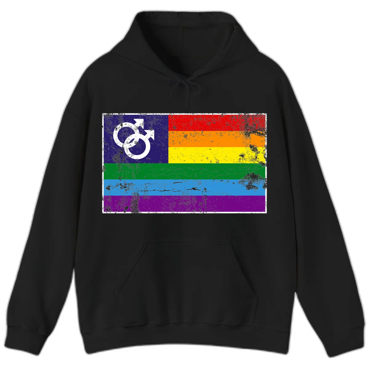 Distressed rainbow pride flag with interlocking male and female gender symbol in white on dark blue section in Black