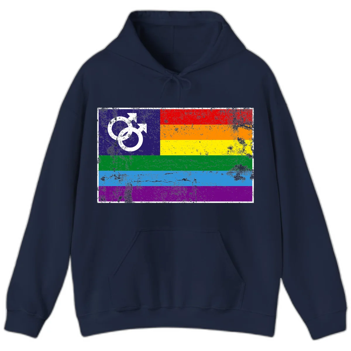 Distressed rainbow pride flag with interlocking male and female gender symbol in white on dark blue section in Navy