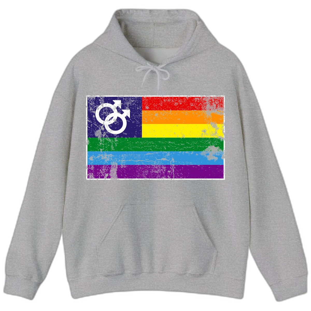 Distressed rainbow pride flag with interlocking male and female gender symbol in white on dark blue section in Sport Grey