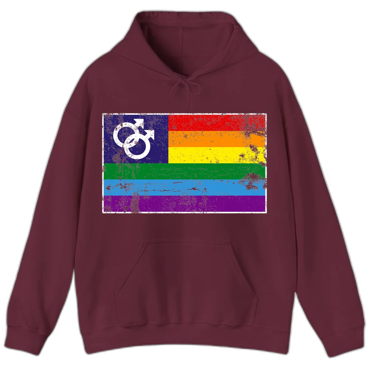 Distressed rainbow pride flag with interlocking male and female gender symbol in white on dark blue section in Maroon