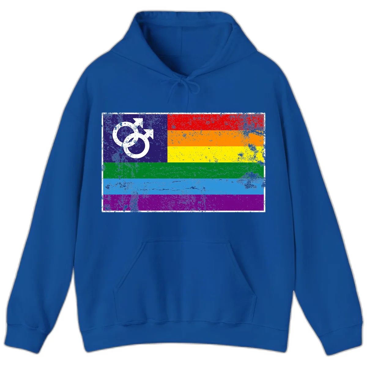 Distressed rainbow pride flag with interlocking male and female gender symbol in white on dark blue section in Royal