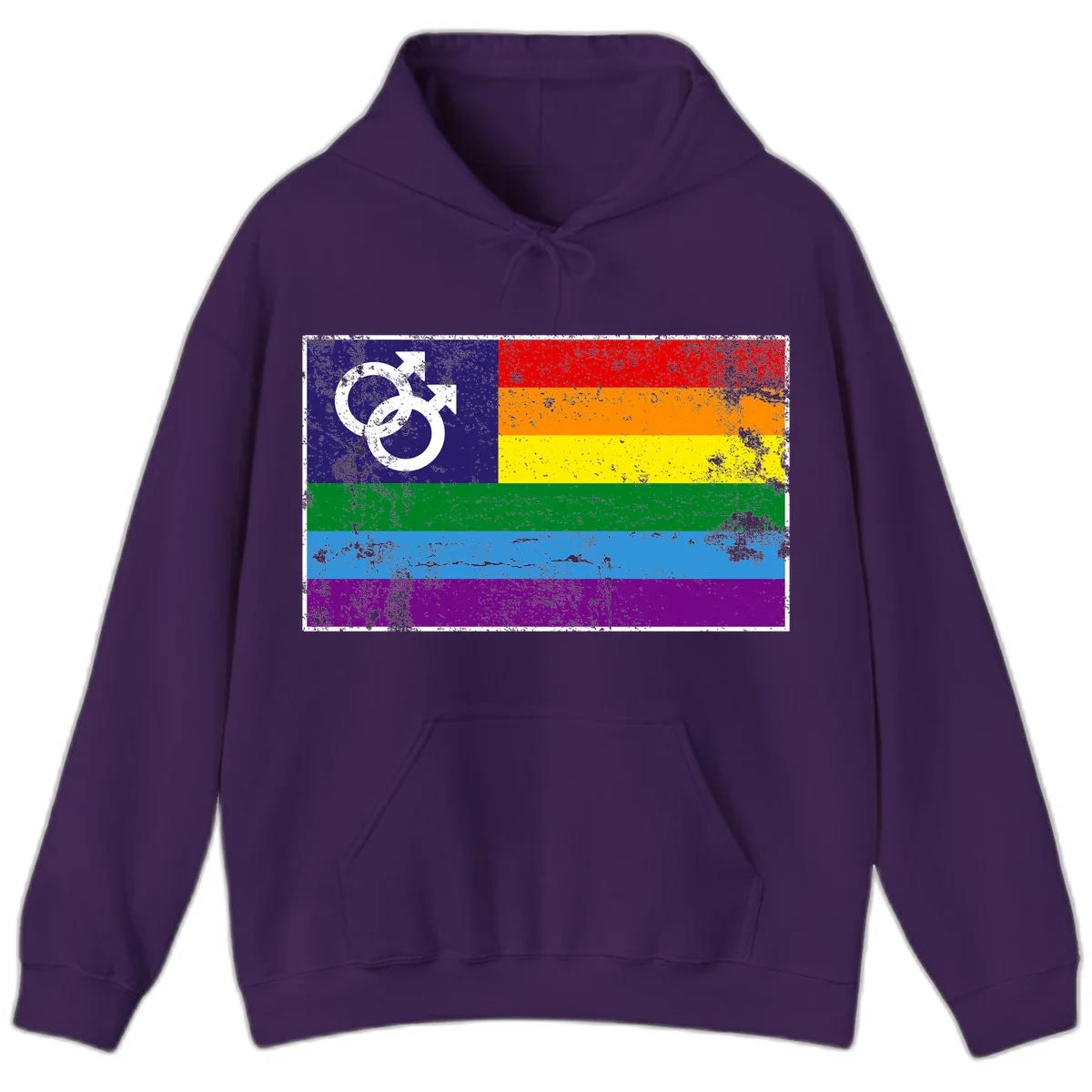 Distressed rainbow pride flag with interlocking male and female gender symbol in white on dark blue section in Purple