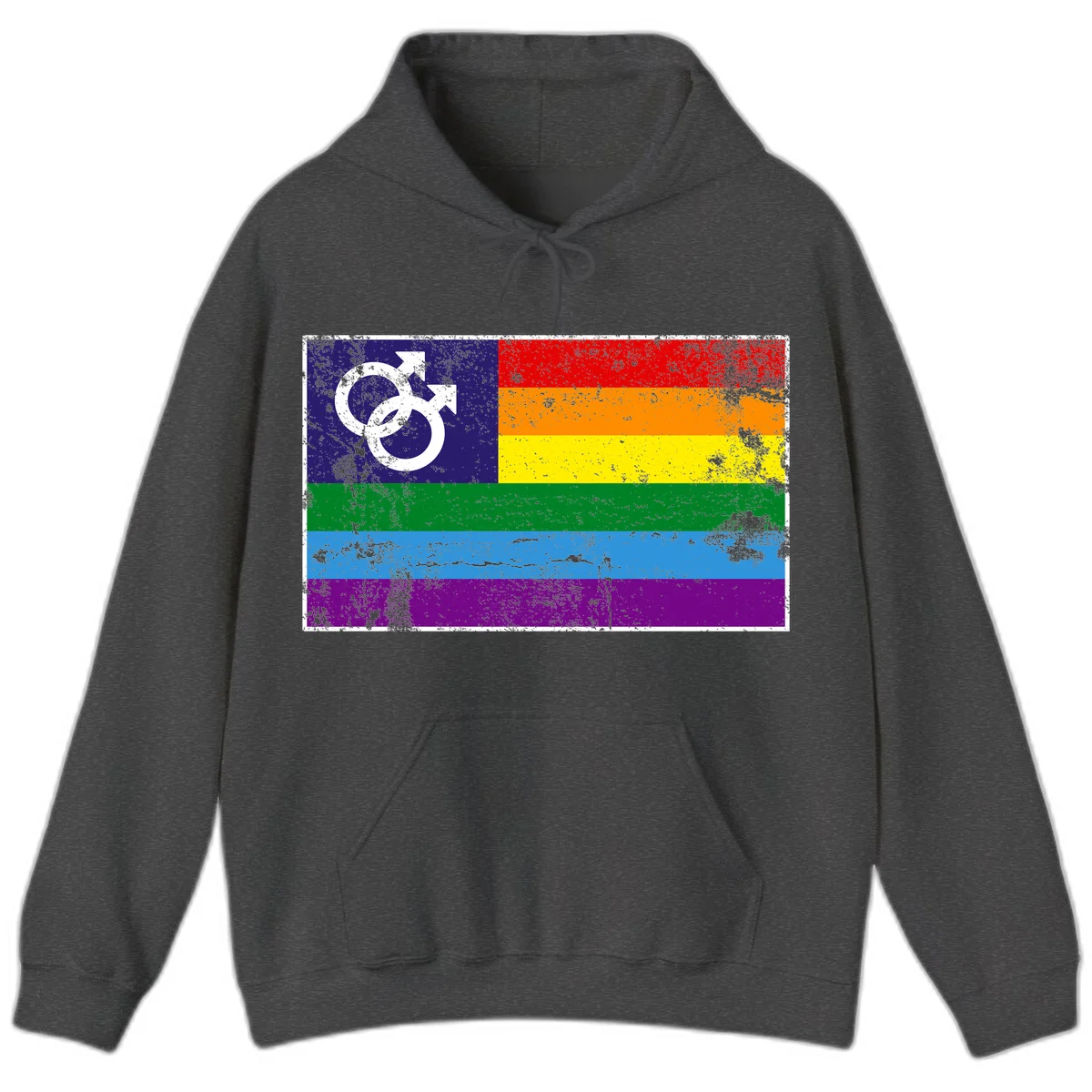 Distressed rainbow pride flag with interlocking male and female gender symbol in white on dark blue section in Dark Heather