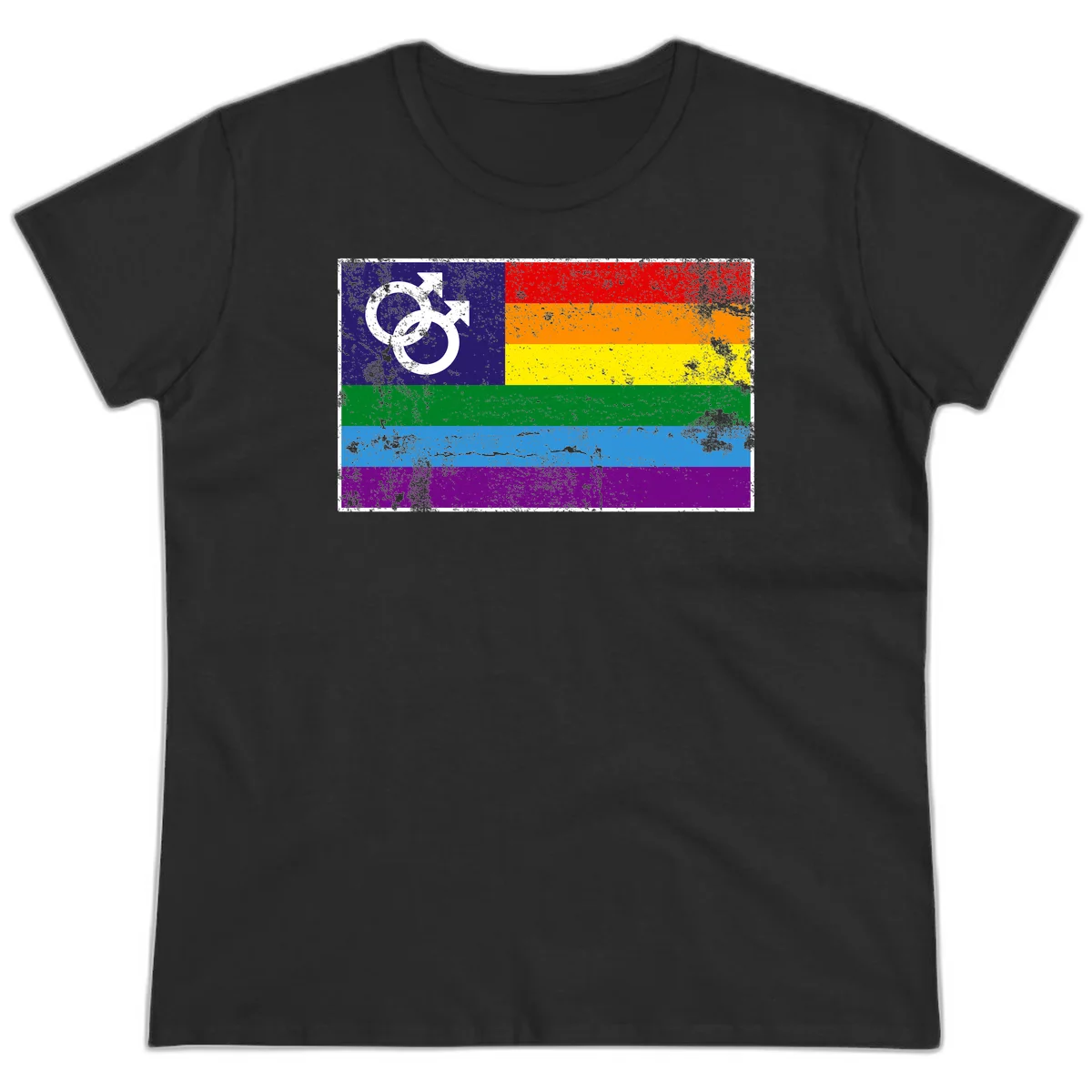 Distressed rainbow pride flag with interlocking male and female gender symbol in white on dark blue section in Black