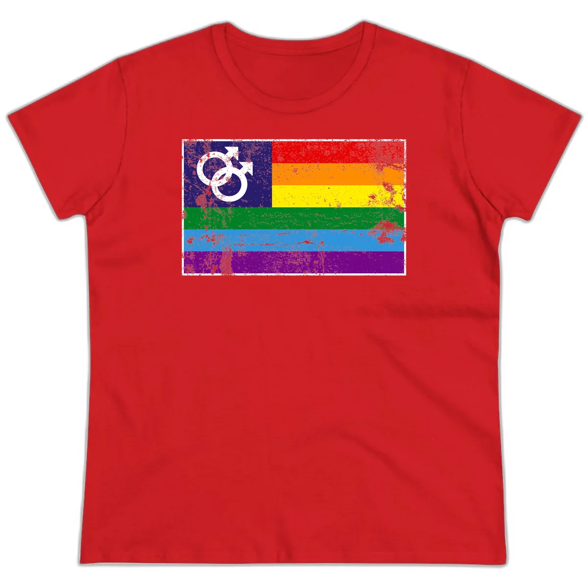 Distressed rainbow pride flag with interlocking male and female gender symbol in white on dark blue section in Red
