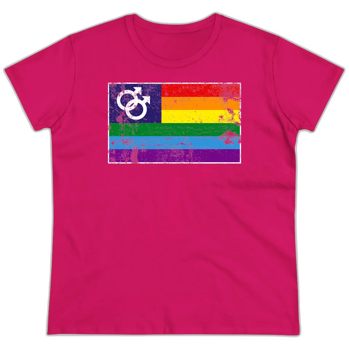 Distressed rainbow pride flag with interlocking male and female gender symbol in white on dark blue section in Heliconia