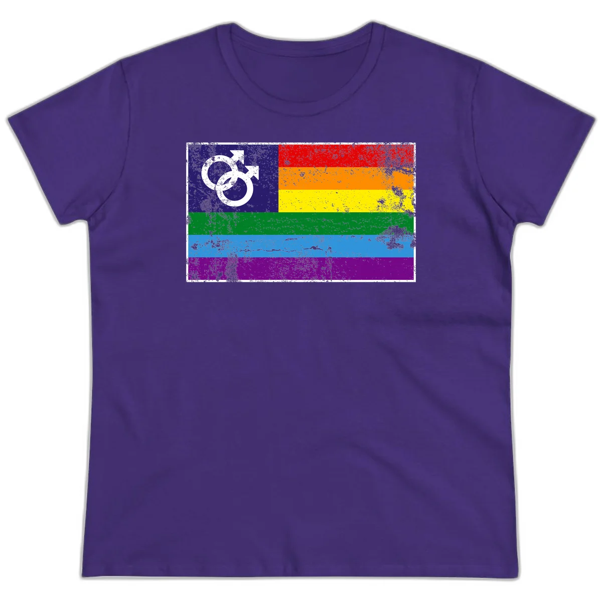 Distressed rainbow pride flag with interlocking male and female gender symbol in white on dark blue section in Purple