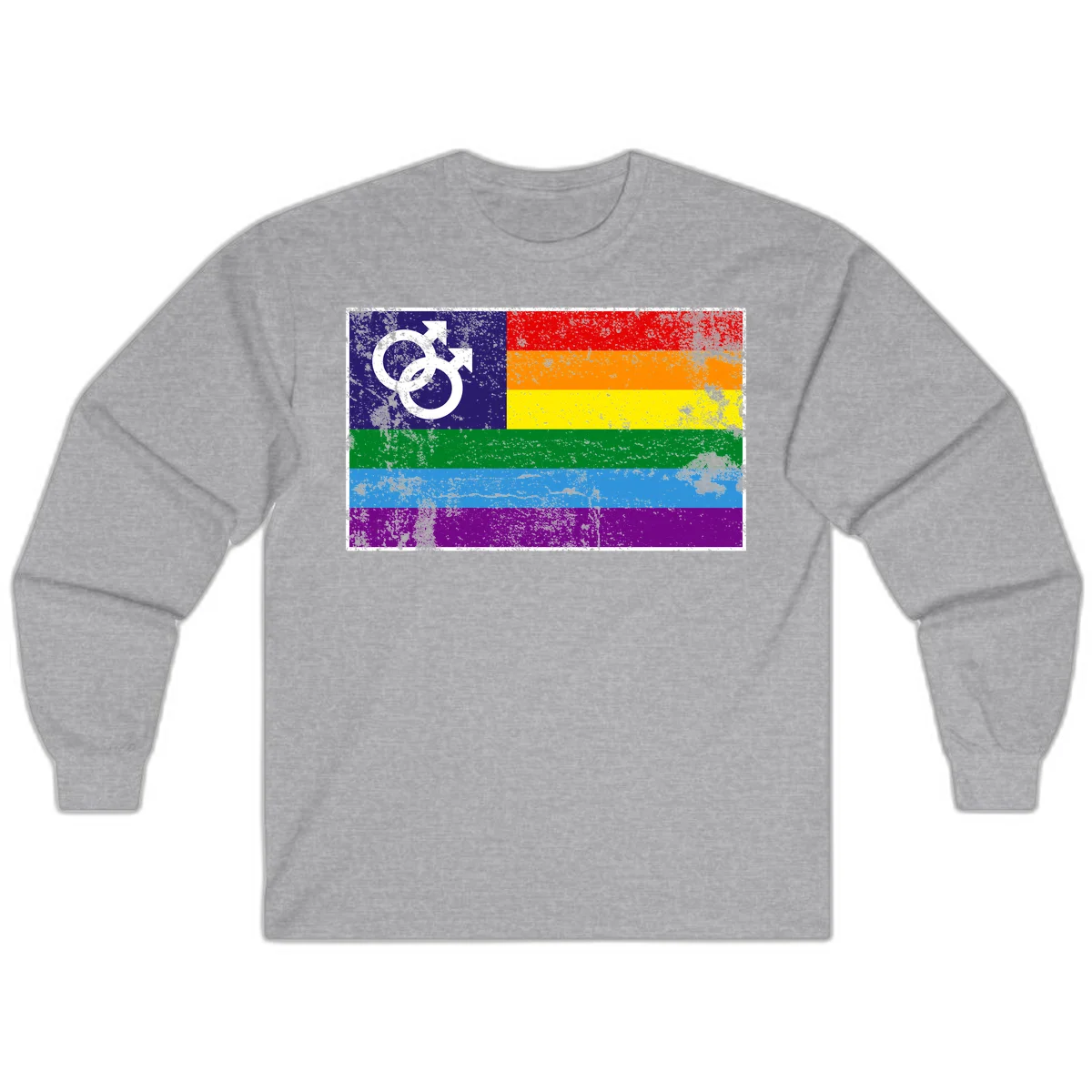 Distressed rainbow pride flag with interlocking male and female gender symbol in white on dark blue section in Sport Grey