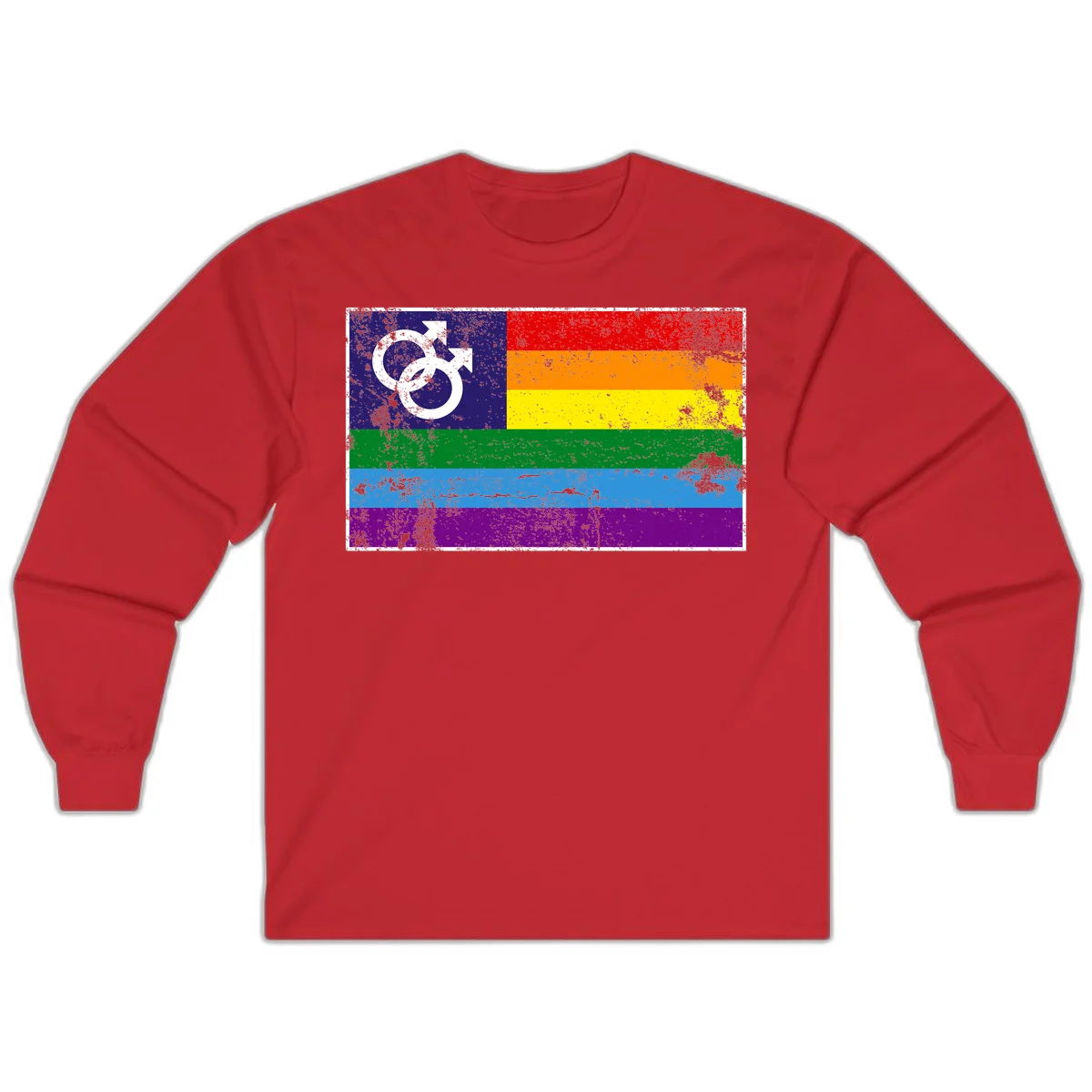 Distressed rainbow pride flag with interlocking male and female gender symbol in white on dark blue section in Red