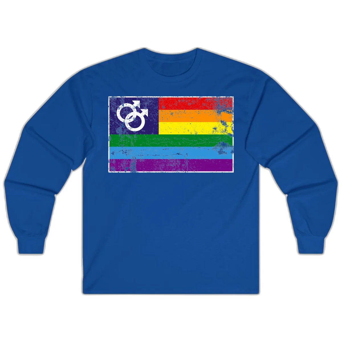 Distressed rainbow pride flag with interlocking male and female gender symbol in white on dark blue section in Royal