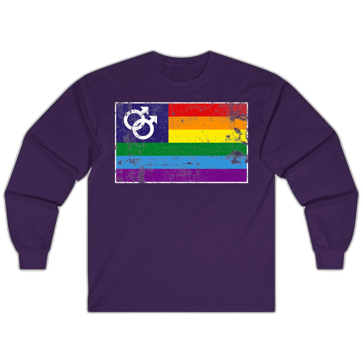 Distressed rainbow pride flag with interlocking male and female gender symbol in white on dark blue section in Purple