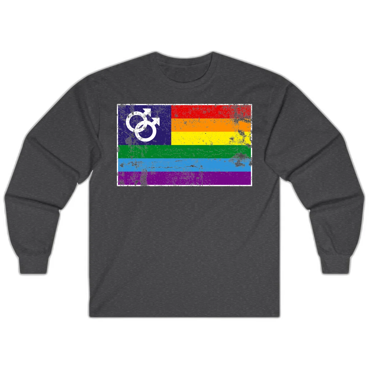 Distressed rainbow pride flag with interlocking male and female gender symbol in white on dark blue section in Dark Heather