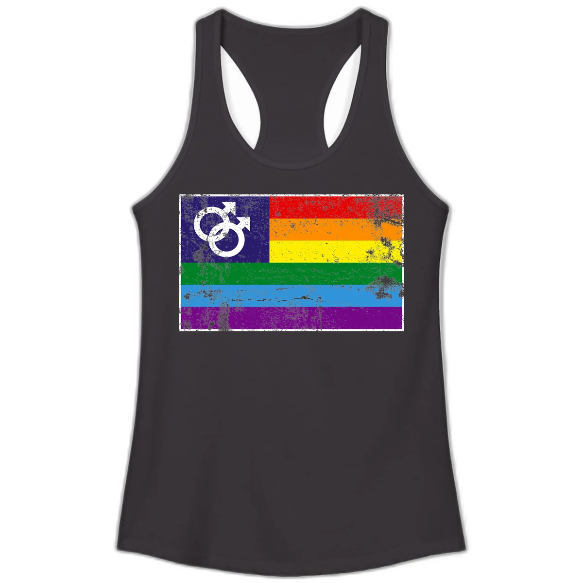 Distressed rainbow pride flag with interlocking male and female gender symbol in white on dark blue section in Black