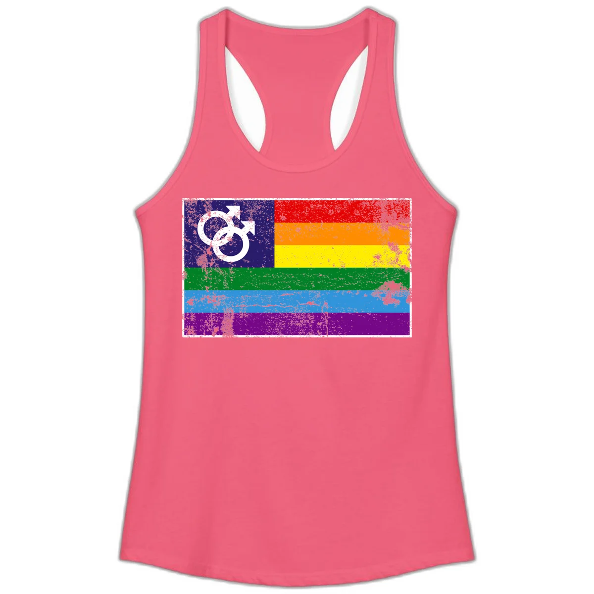 Distressed rainbow pride flag with interlocking male and female gender symbol in white on dark blue section in Hot Pink