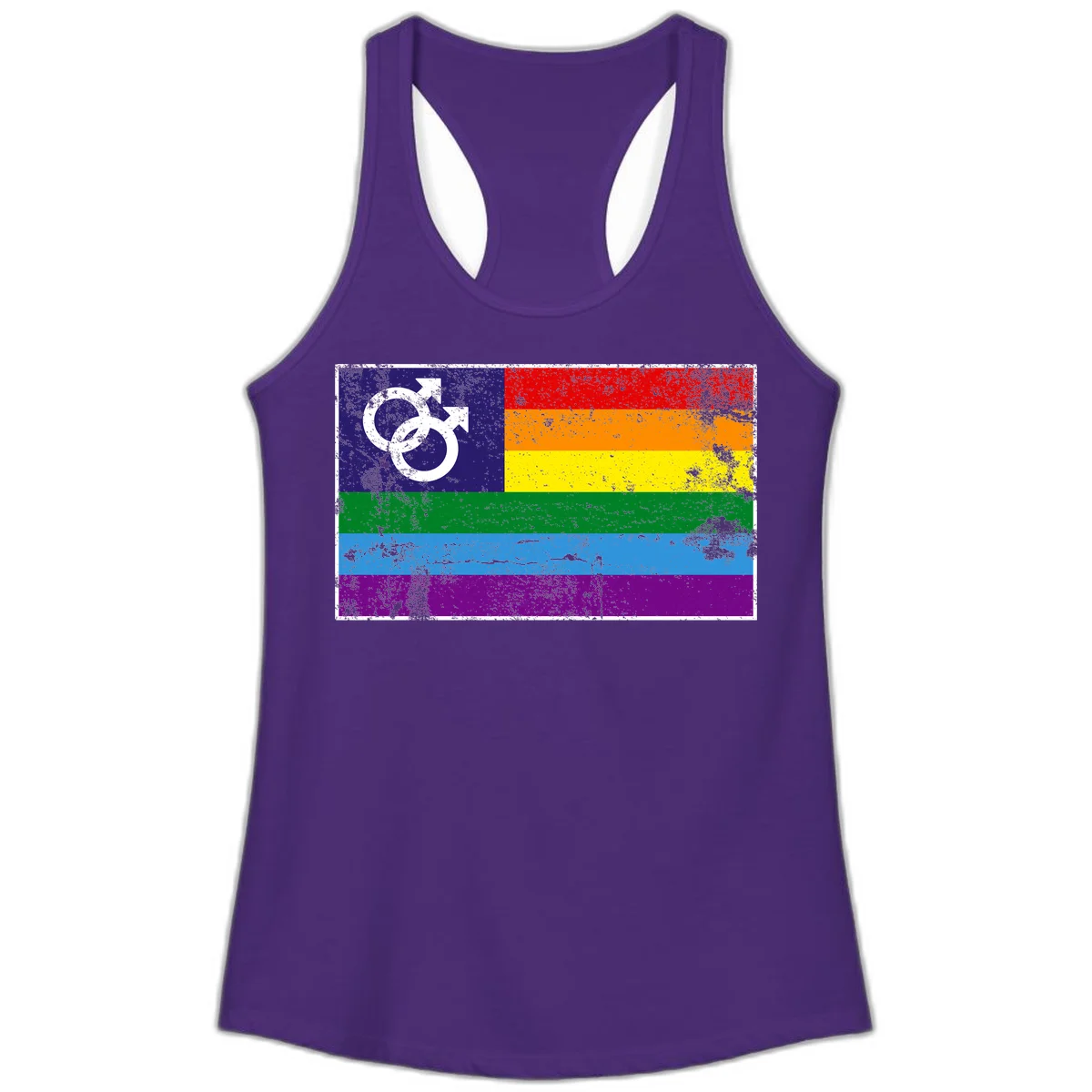 Distressed rainbow pride flag with interlocking male and female gender symbol in white on dark blue section in Solid Purple Rush