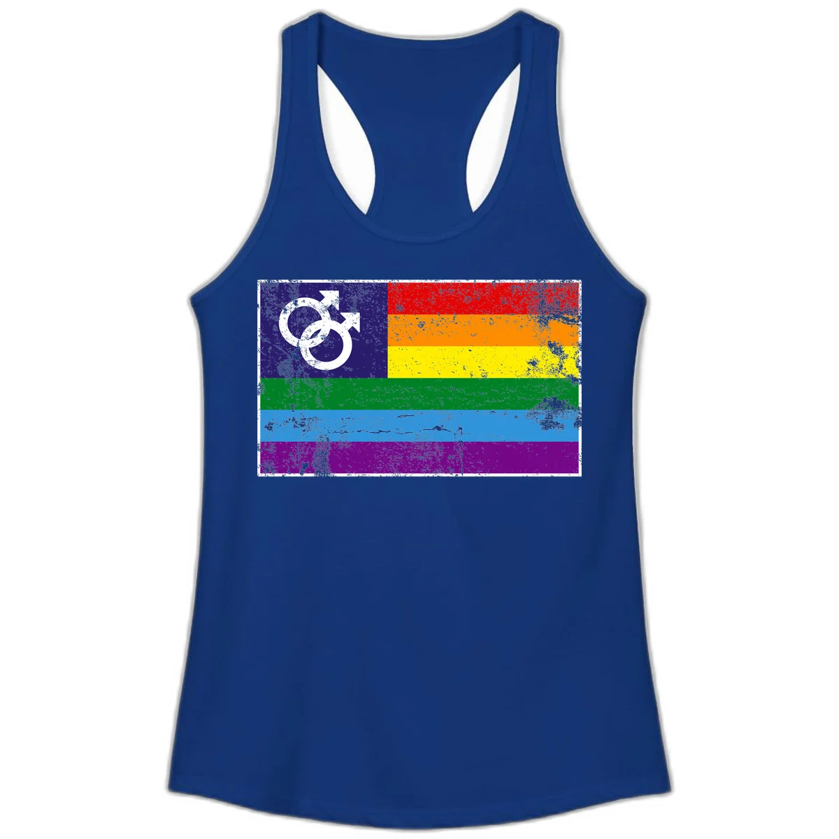 Distressed rainbow pride flag with interlocking male and female gender symbol in white on dark blue section in Solid Royal