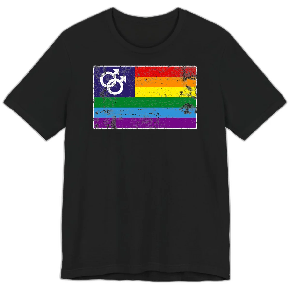 Distressed rainbow pride flag with interlocking male and female gender symbol in white on dark blue section in Black