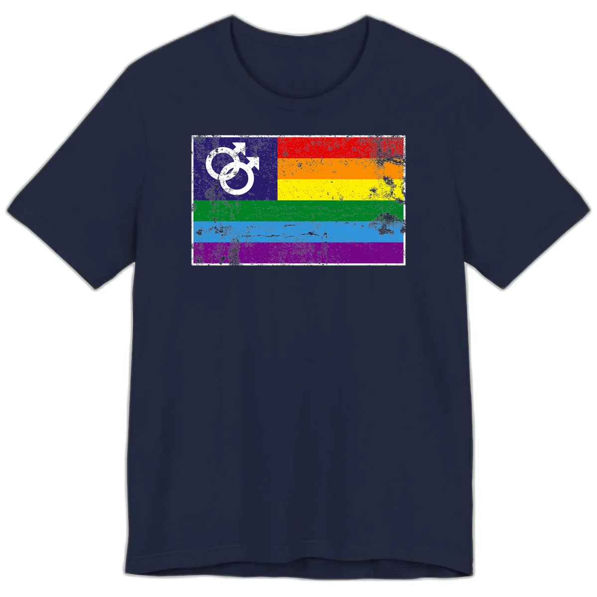 Distressed rainbow pride flag with interlocking male and female gender symbol in white on dark blue section in Navy