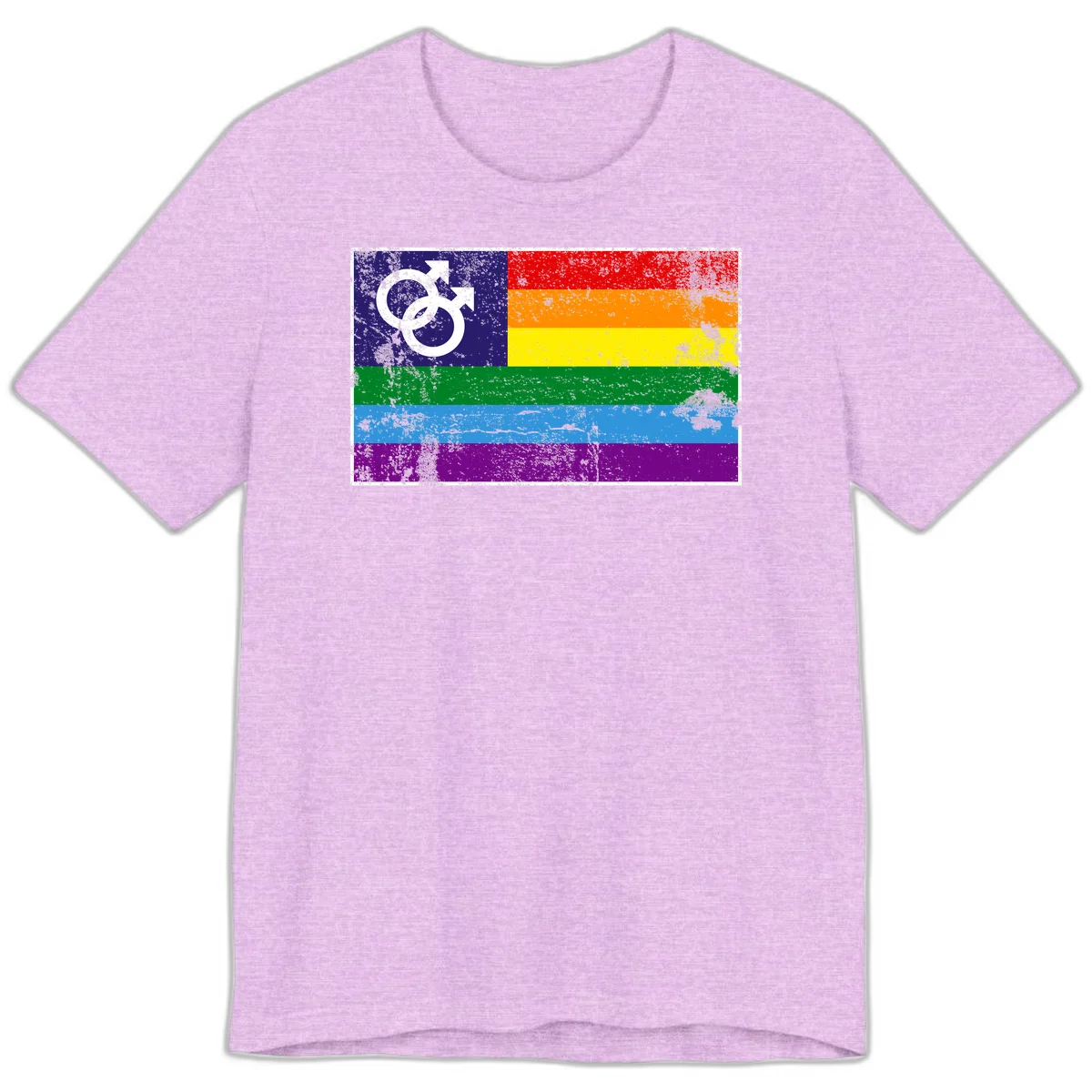 Distressed rainbow pride flag with interlocking male and female gender symbol in white on dark blue section in Heather Prism Lilac