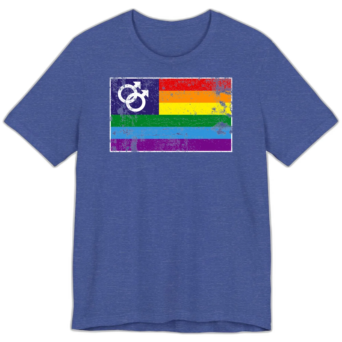 Distressed rainbow pride flag with interlocking male and female gender symbol in white on dark blue section in Heather True Royal