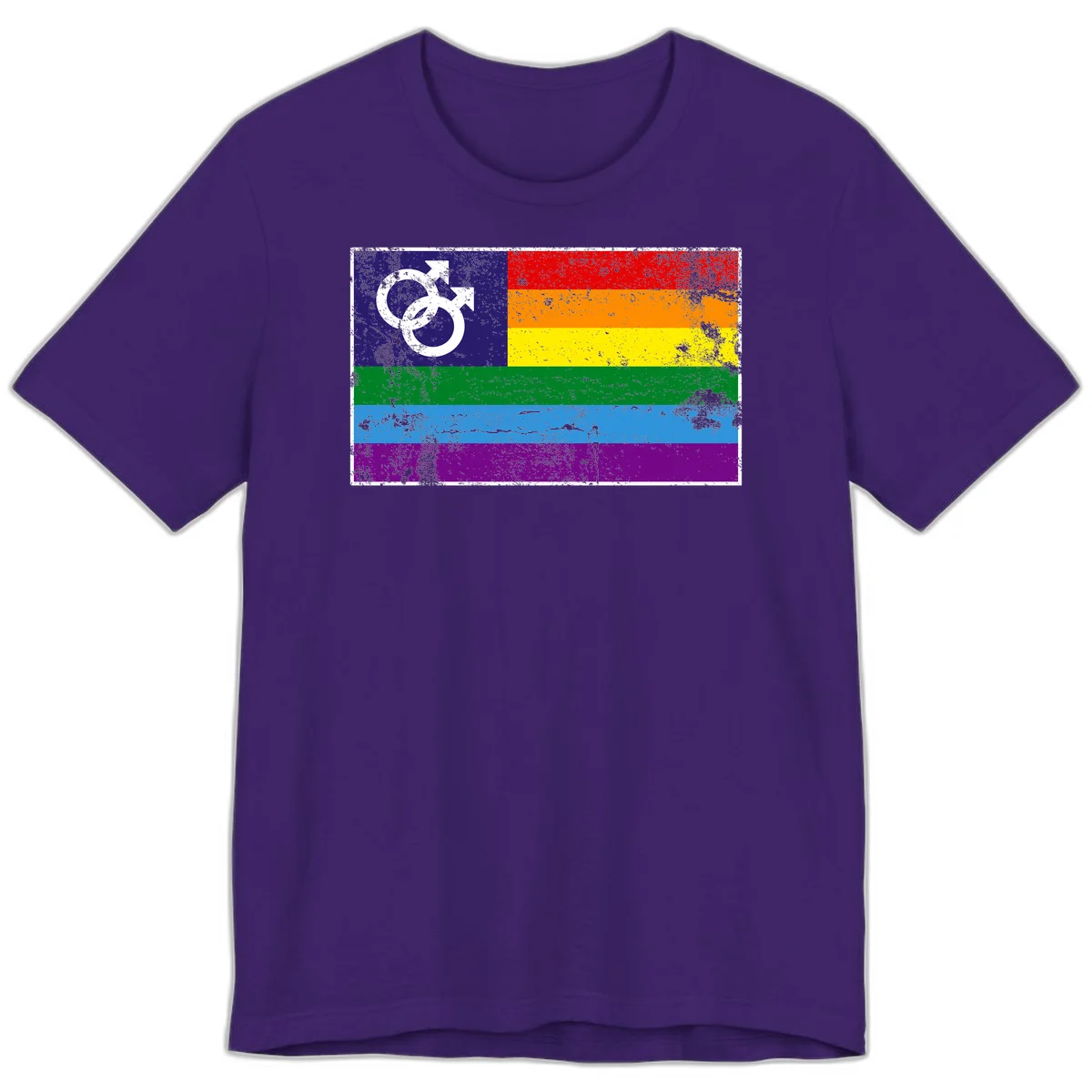 Distressed rainbow pride flag with interlocking male and female gender symbol in white on dark blue section in Team Purple