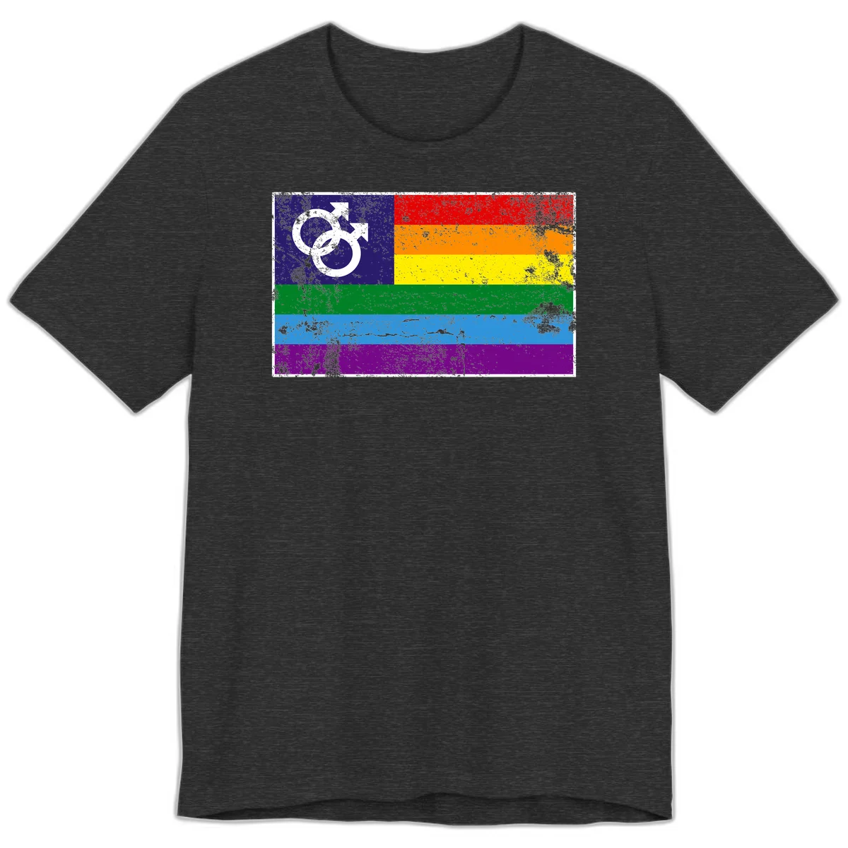 Distressed rainbow pride flag with interlocking male and female gender symbol in white on dark blue section in Dark Grey Heather