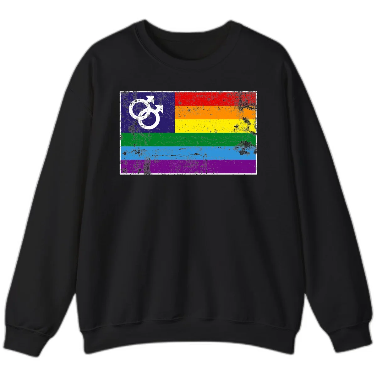 Distressed rainbow pride flag with interlocking male and female gender symbol in white on dark blue section in Black