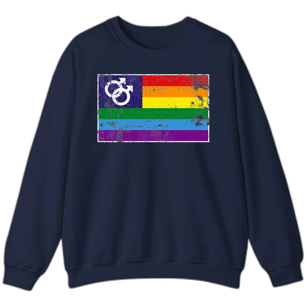 Distressed rainbow pride flag with interlocking male and female gender symbol in white on dark blue section in Navy