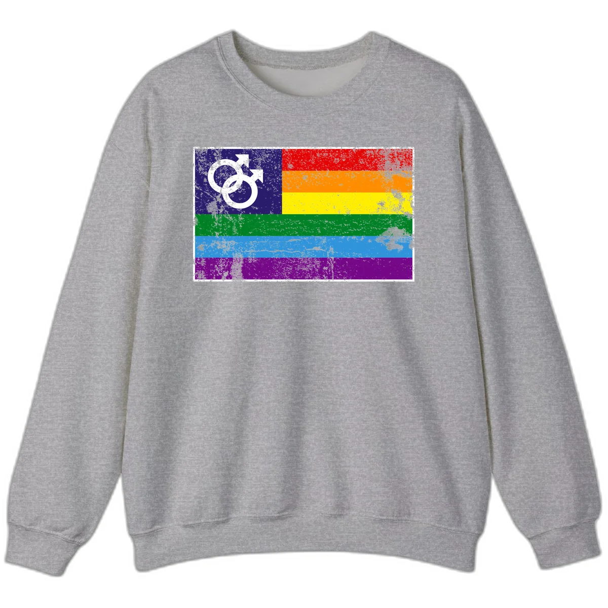 Distressed rainbow pride flag with interlocking male and female gender symbol in white on dark blue section in Sport Grey