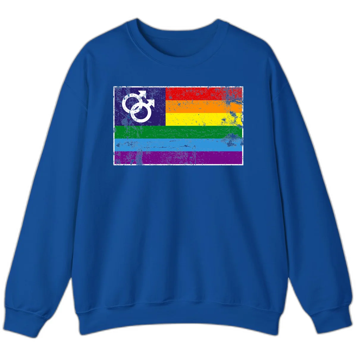 Distressed rainbow pride flag with interlocking male and female gender symbol in white on dark blue section in Royal