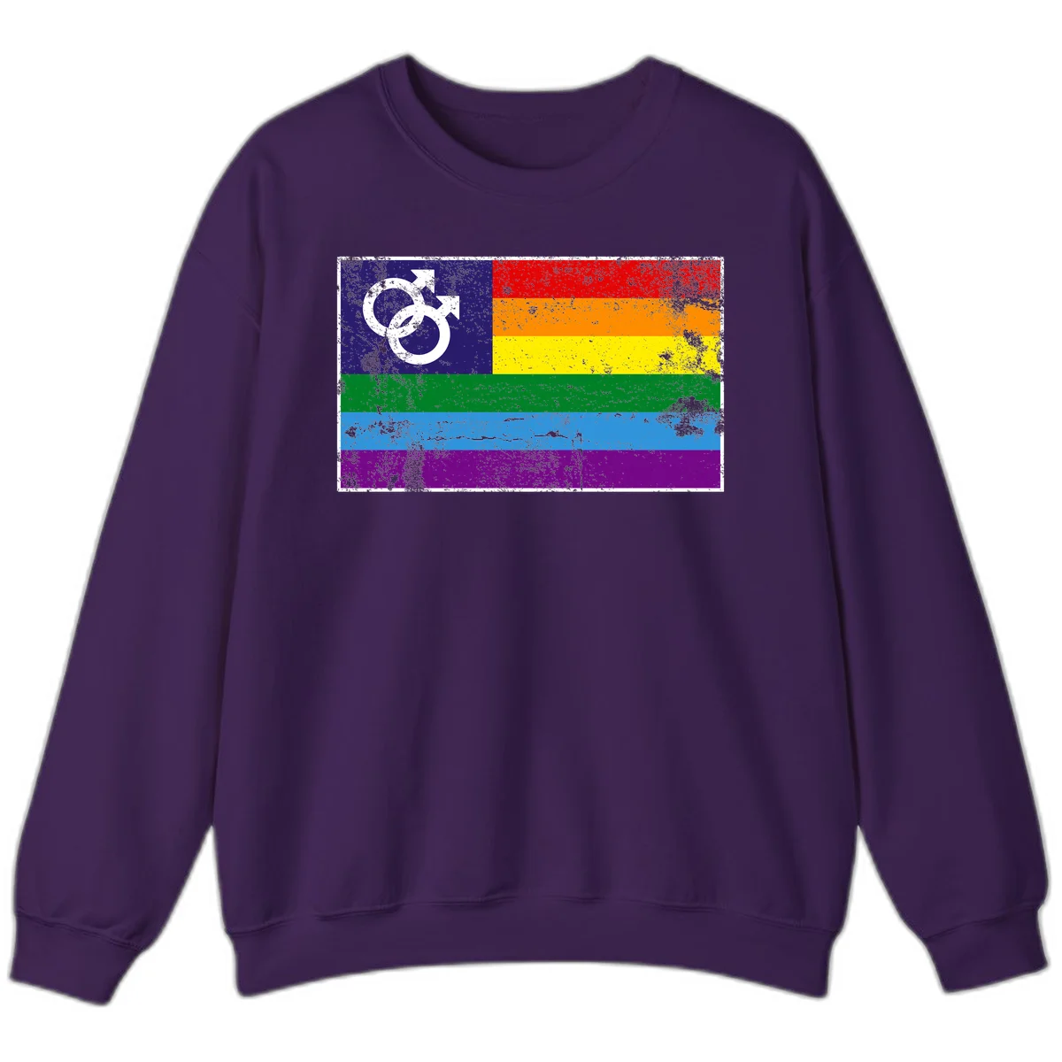 Distressed rainbow pride flag with interlocking male and female gender symbol in white on dark blue section in Purple