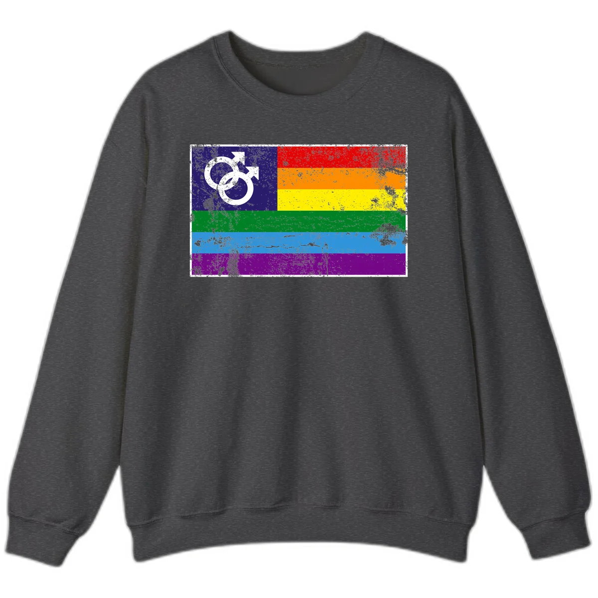 Distressed rainbow pride flag with interlocking male and female gender symbol in white on dark blue section in Dark Heather
