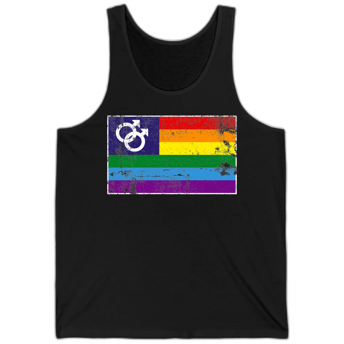 Distressed rainbow pride flag with interlocking male and female gender symbol in white on dark blue section in Black