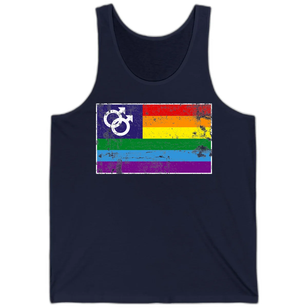 Distressed rainbow pride flag with interlocking male and female gender symbol in white on dark blue section in Navy