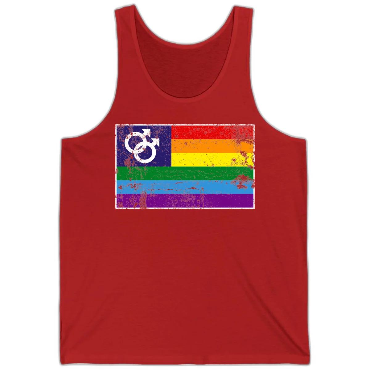Distressed rainbow pride flag with interlocking male and female gender symbol in white on dark blue section in Red