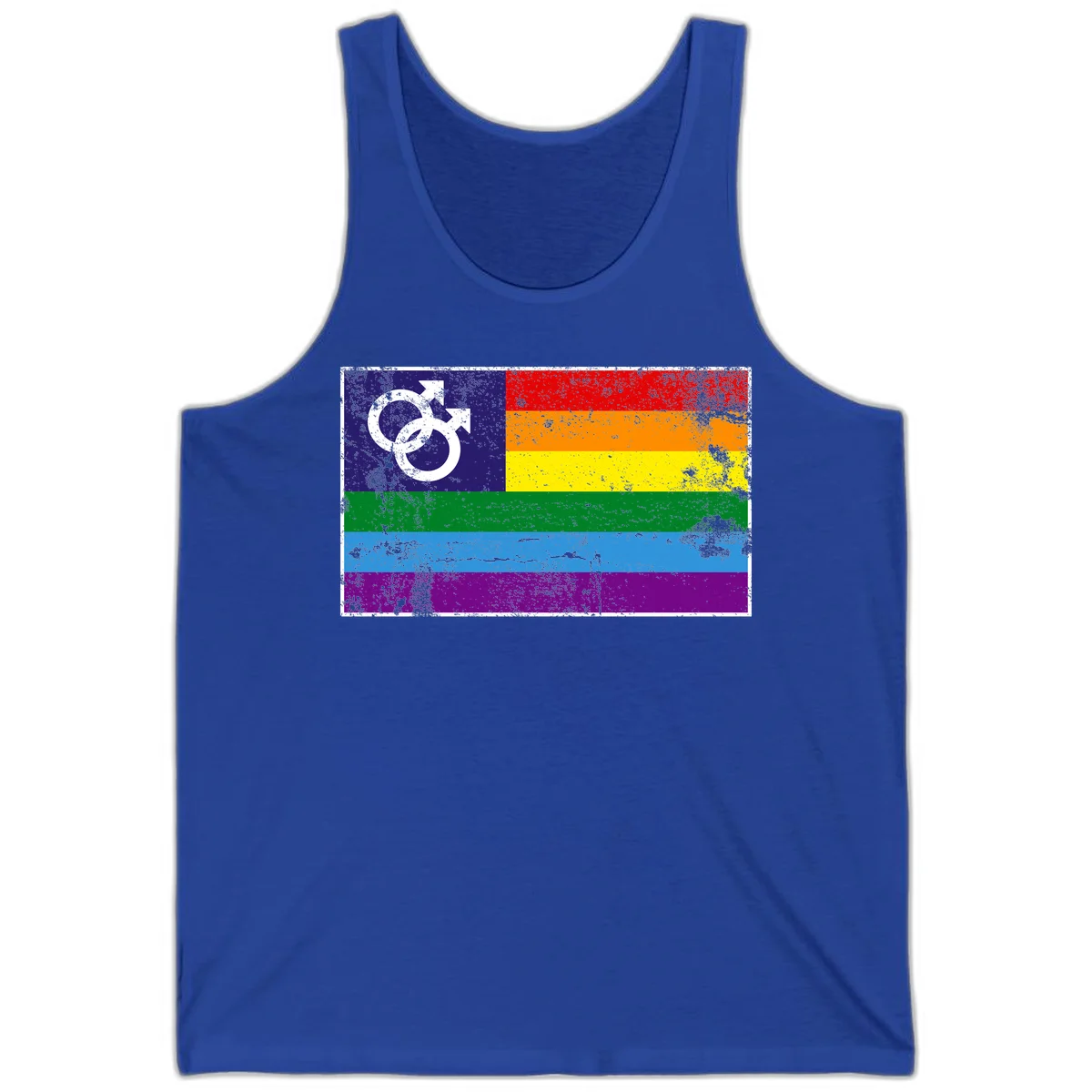 Distressed rainbow pride flag with interlocking male and female gender symbol in white on dark blue section in True Royal