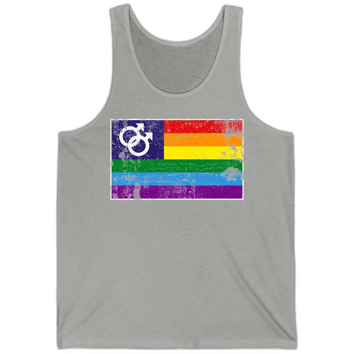 Distressed rainbow pride flag with interlocking male and female gender symbol in white on dark blue section in Athletic Heather