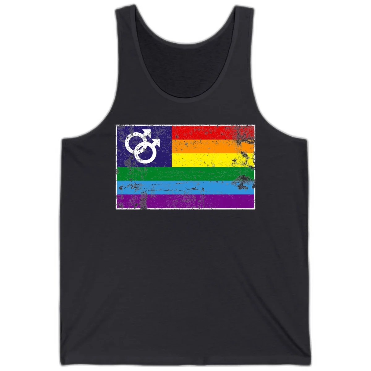Distressed rainbow pride flag with interlocking male and female gender symbol in white on dark blue section in Dark Grey